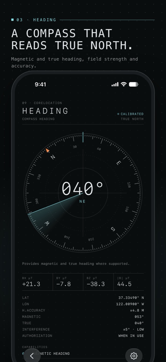 Heading: compass rose with true and magnetic heading